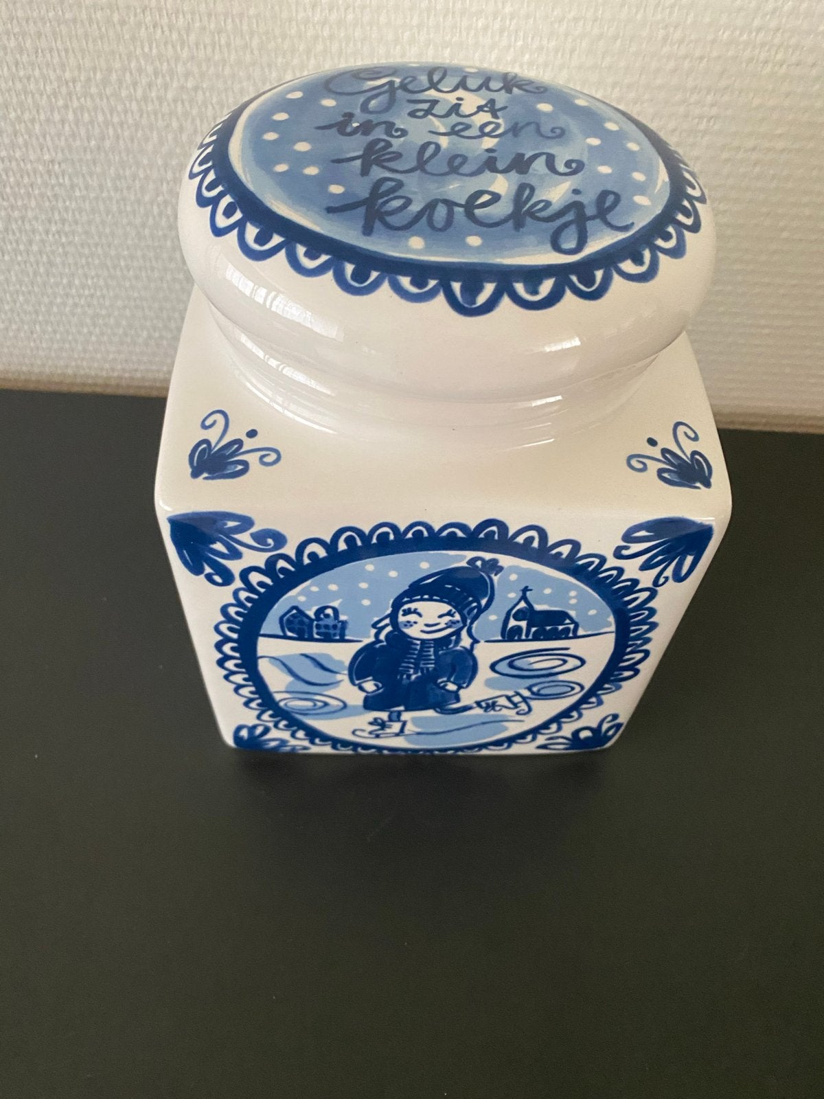 Delfts Blond Amsterdam Voorraadpot 'Geluk is een klein koekj, Blond Amsterdam, Ophalen of Verzenden, Zo goed als nieuw, Voorraadpot