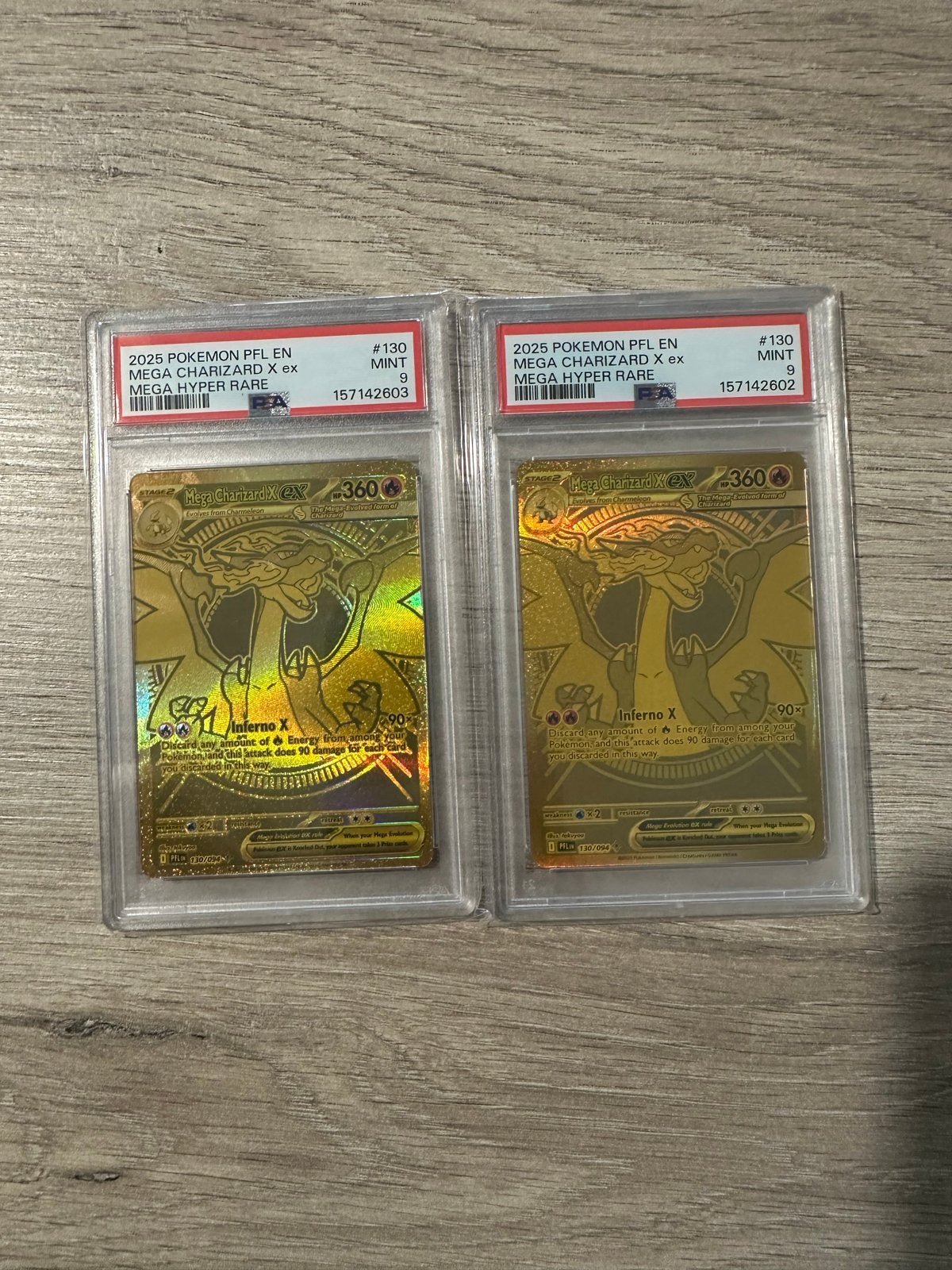 2x Mega Charizard X EX Gold Hyper Rare Pokémon Kaarten, Ophalen, Zo goed als nieuw, Losse kaart, Foil