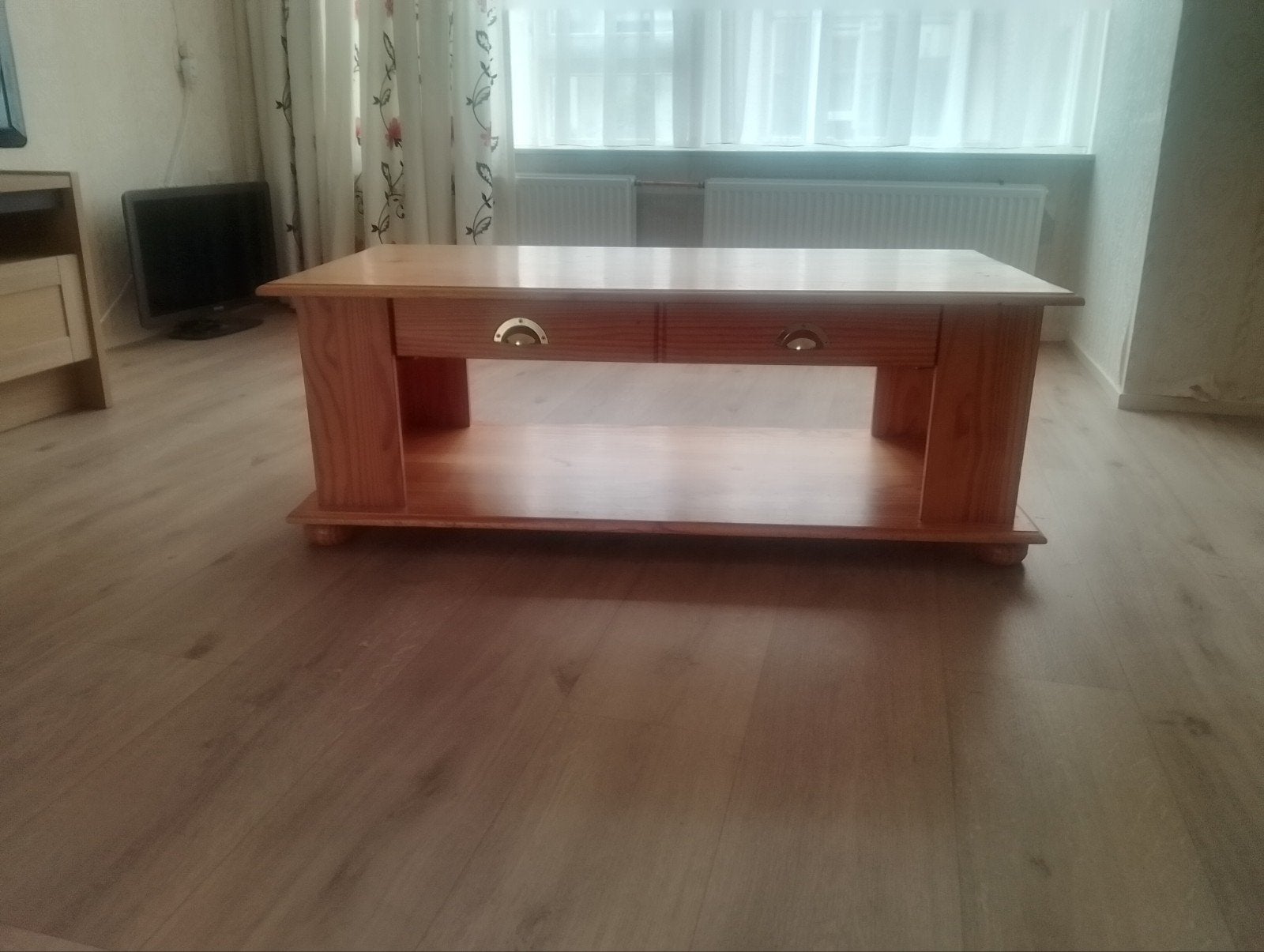 Grenen houten salontafel met lade en opbergruimte, Ophalen, 50 – 75, Gebruikt, 100 tot 150 cm