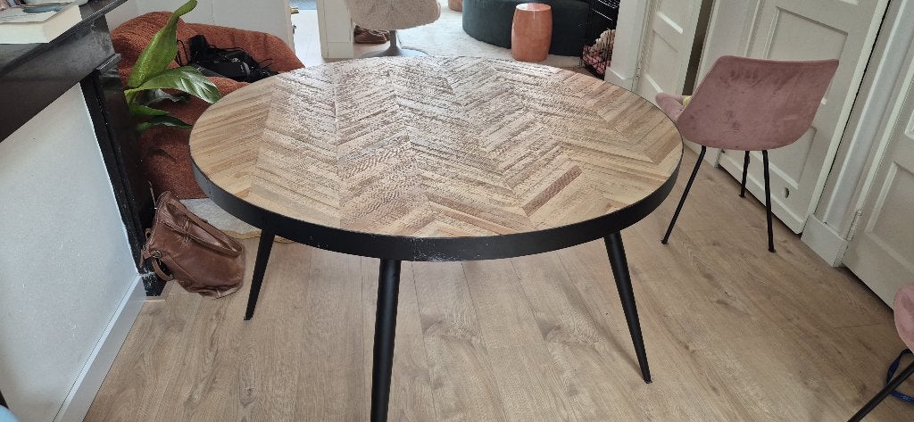 Ronde visgraat eettafel 120 cm diameter, Ophalen, Gebruikt, Vier personen, 100 tot 150 cm