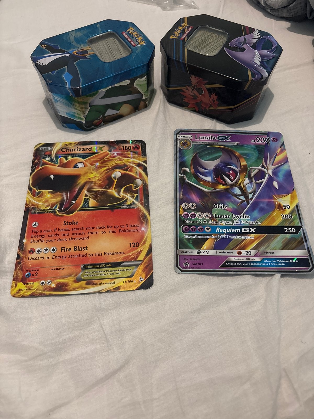 Pokémon Kaarten: Charizard EX, Lunala GX en Tins apart biede, Ophalen of Verzenden, Zo goed als nieuw, Meerdere kaarten