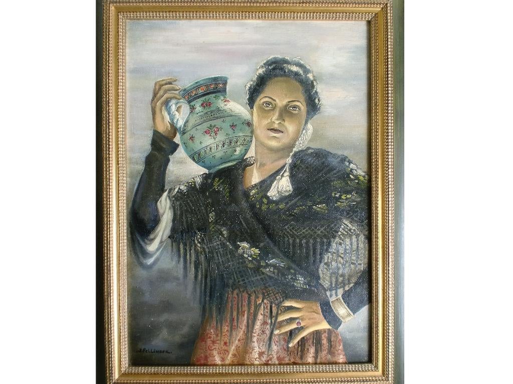 J. Fellinger – Zigeuner vrouw – olieverf Schilderij 70x50 cm, Ophalen of Verzenden