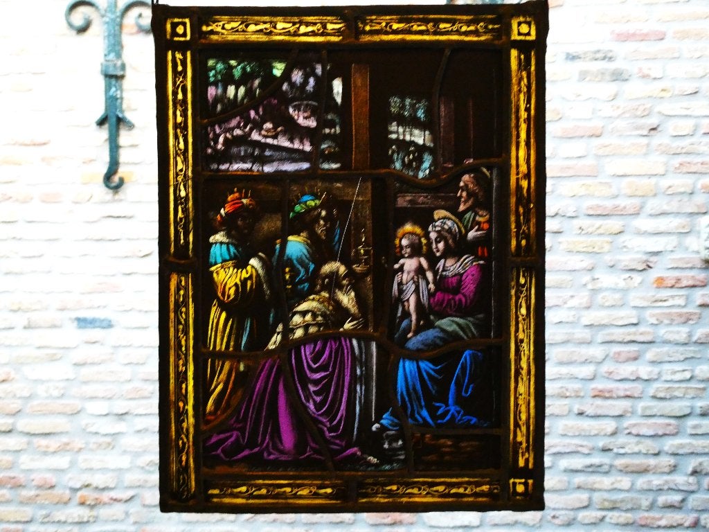 Glas in lood Aanbidding Drie Koningen Kerststal Jezus Maria, Ophalen of Verzenden