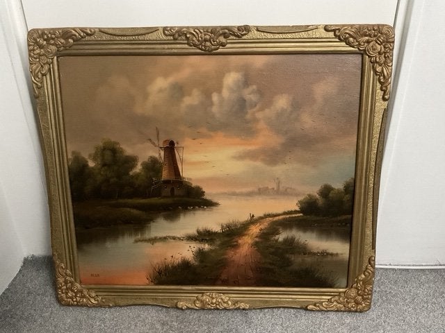 schilderij olieverf molen bij water gesigneerd m.j.s., Ophalen, Doek, Realistisch, Origineel werk