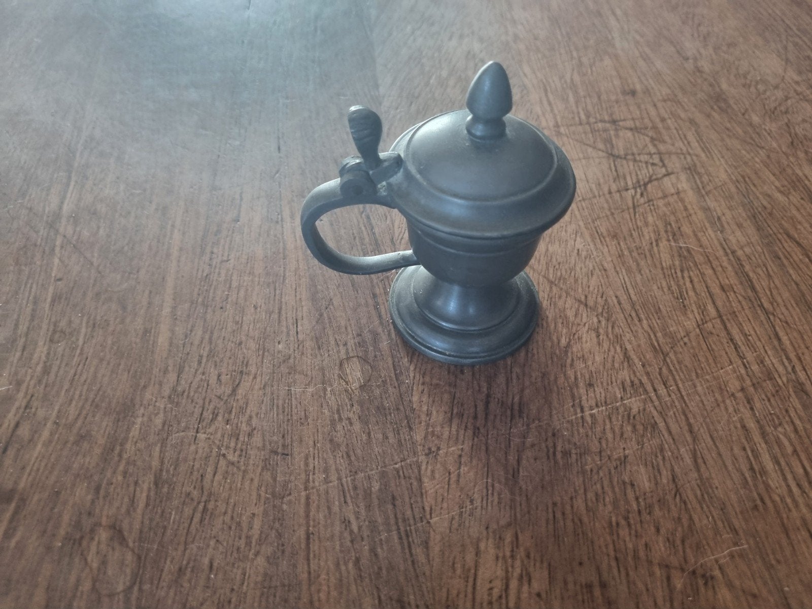 Antieke tinnen miniatuur bierpul met deksel, Ophalen of Verzenden