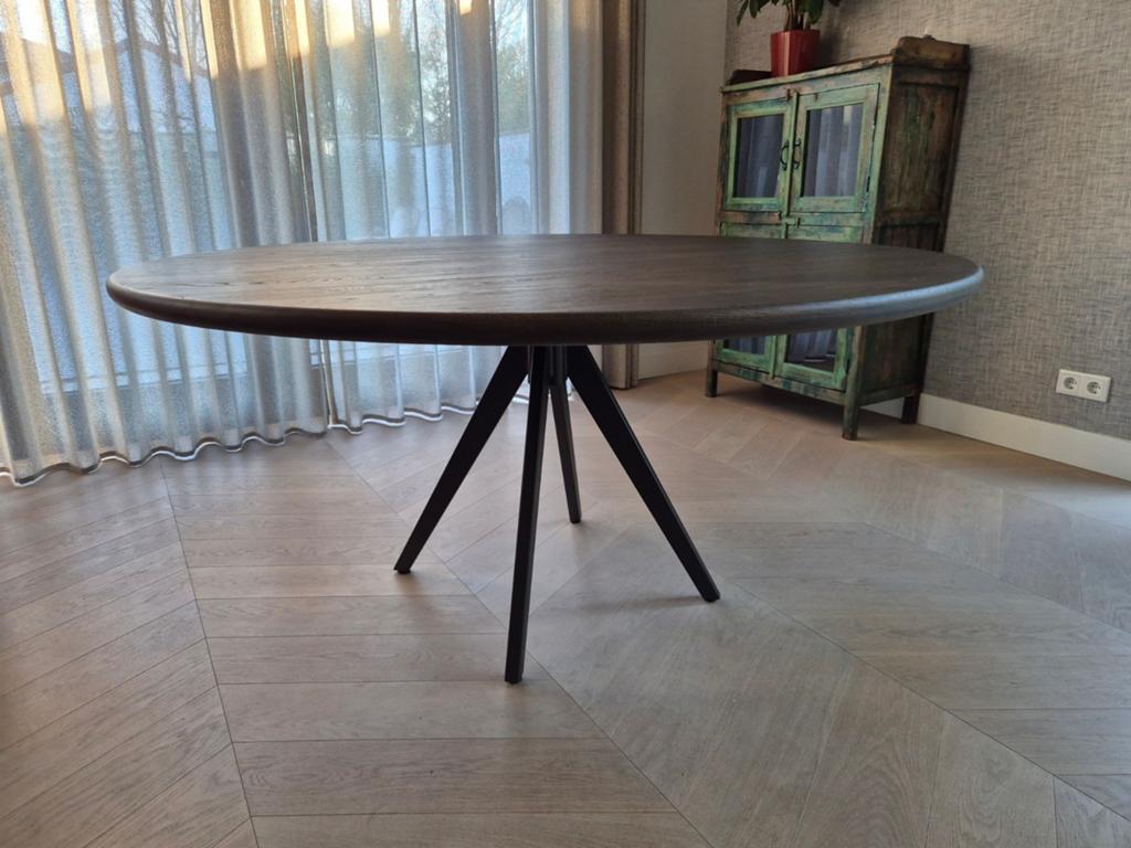 Zo goed als nieuwe ronde eettafel met eiken blad (160cm), Ophalen, Rond, Zo goed als nieuw, Vijf personen of meer