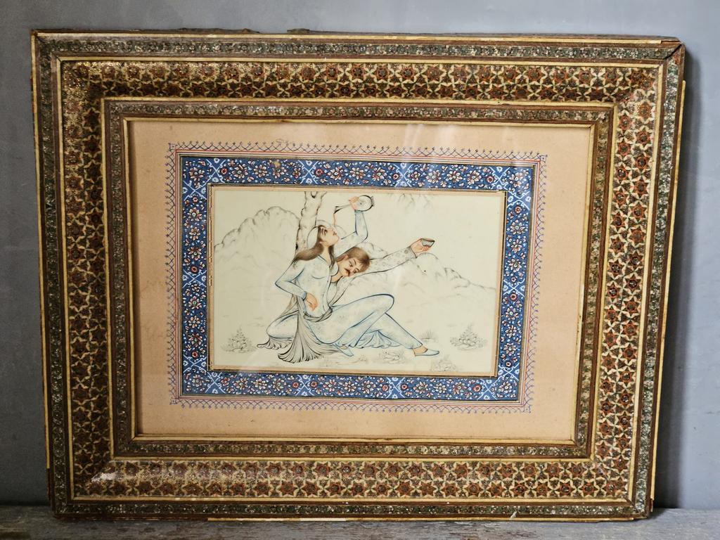 Perzisch Khatam met ingelegde kunstwerken schilderij, Antiek en Kunst, Ophalen of Verzenden
