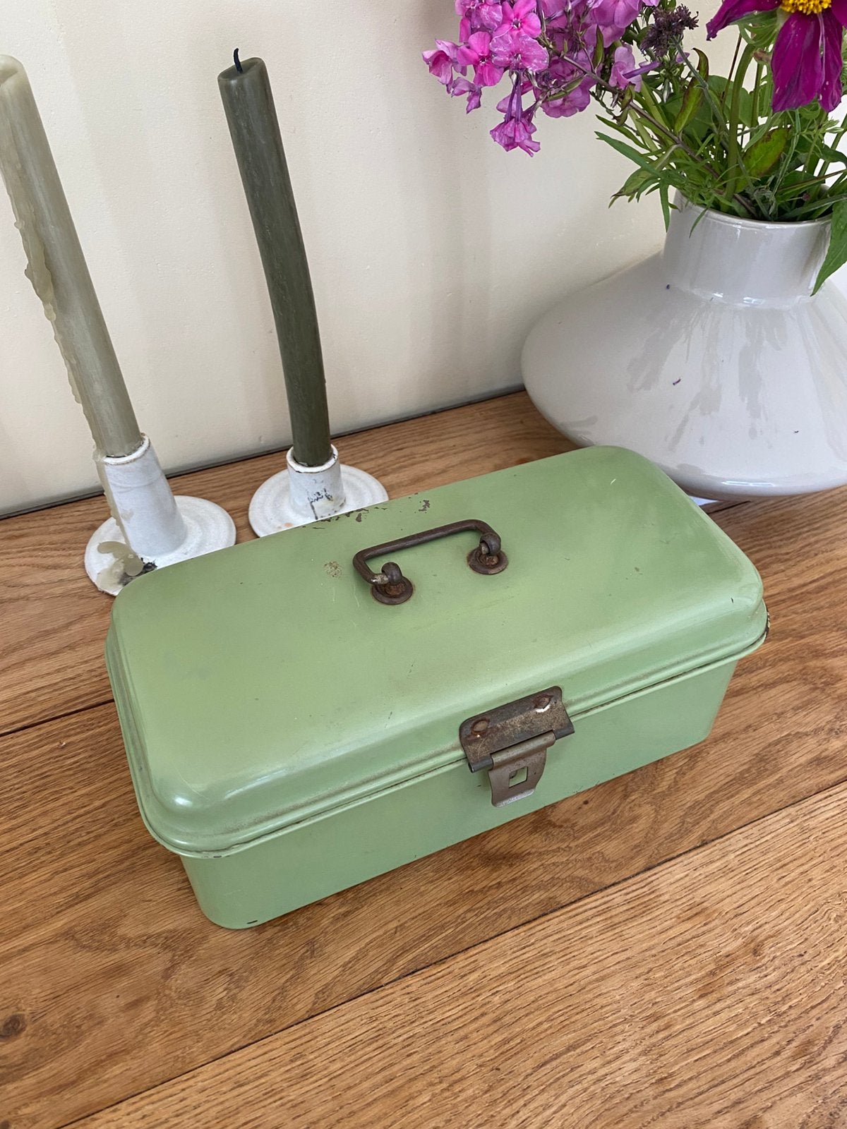 Groen vintage koektrommeltje, Ophalen of Verzenden