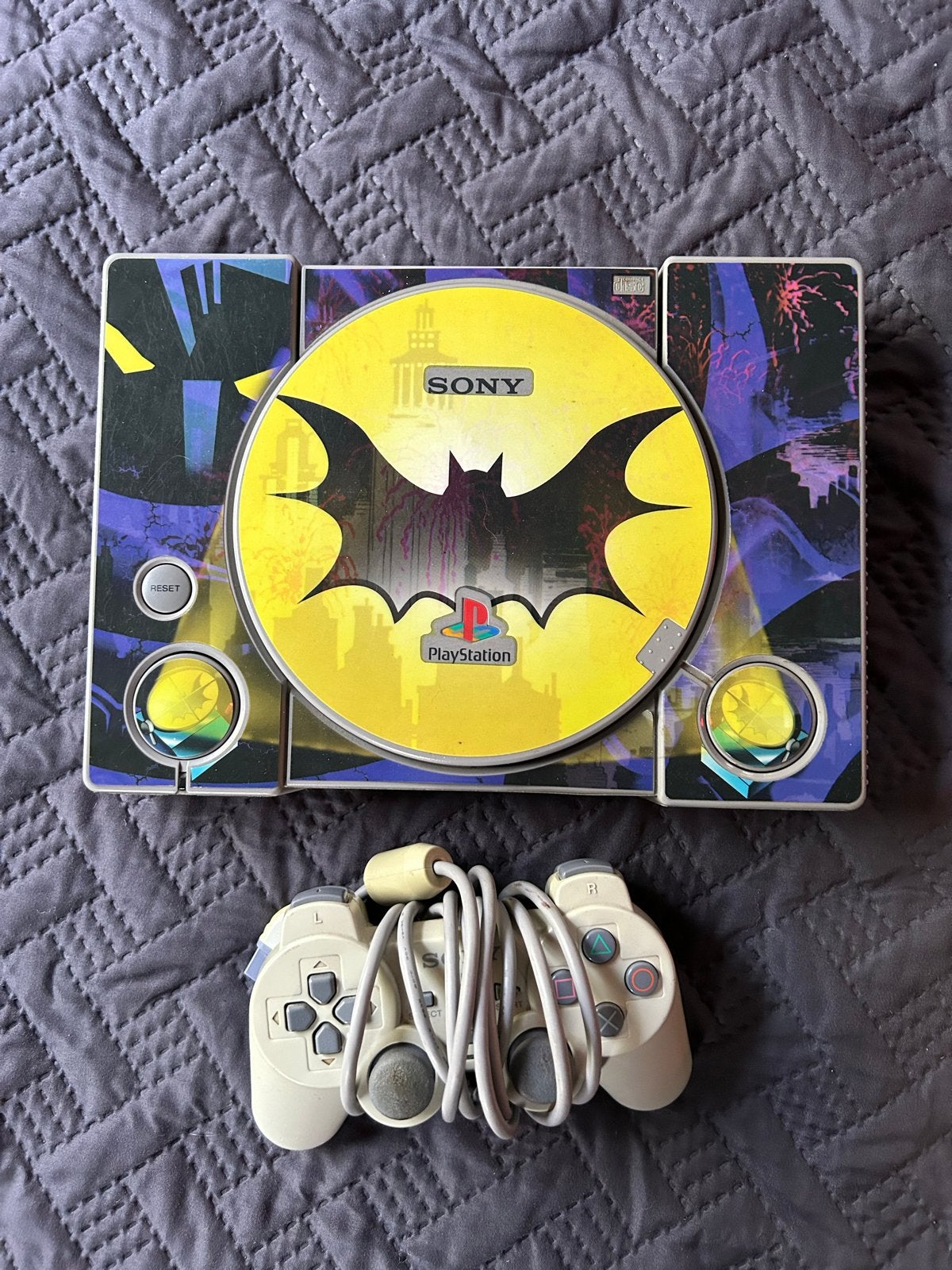 PlayStation 1 met Batman skin en spelletje, Ophalen of Verzenden, Gebruikt, Met 1 controller, Met games