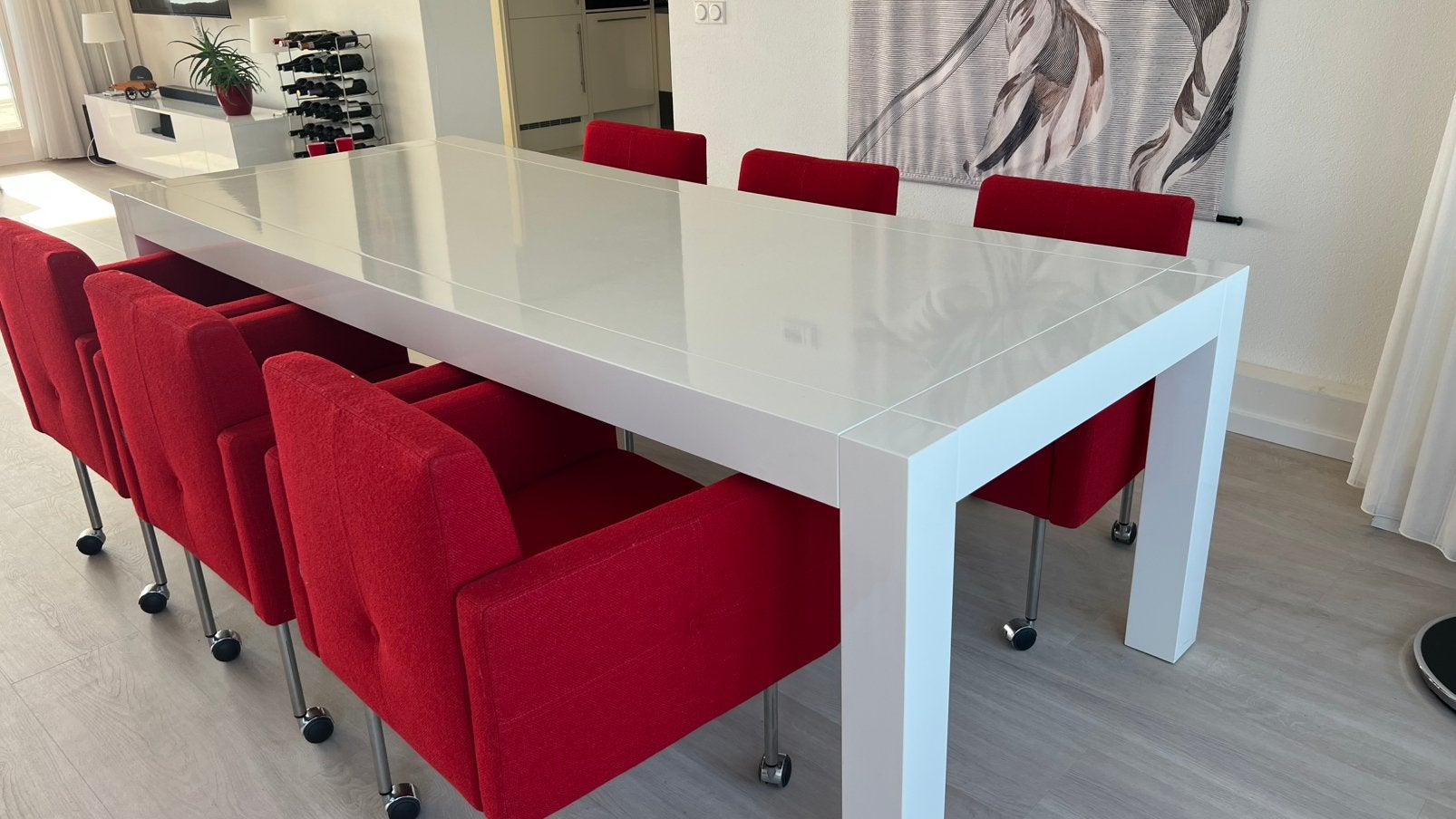 Lange eettafel 240 x 200 wit, eventueel met 6 rode stoelen, Huis en Inrichting, Tafels | Eettafels, Ophalen, Kunststof, Gebruikt