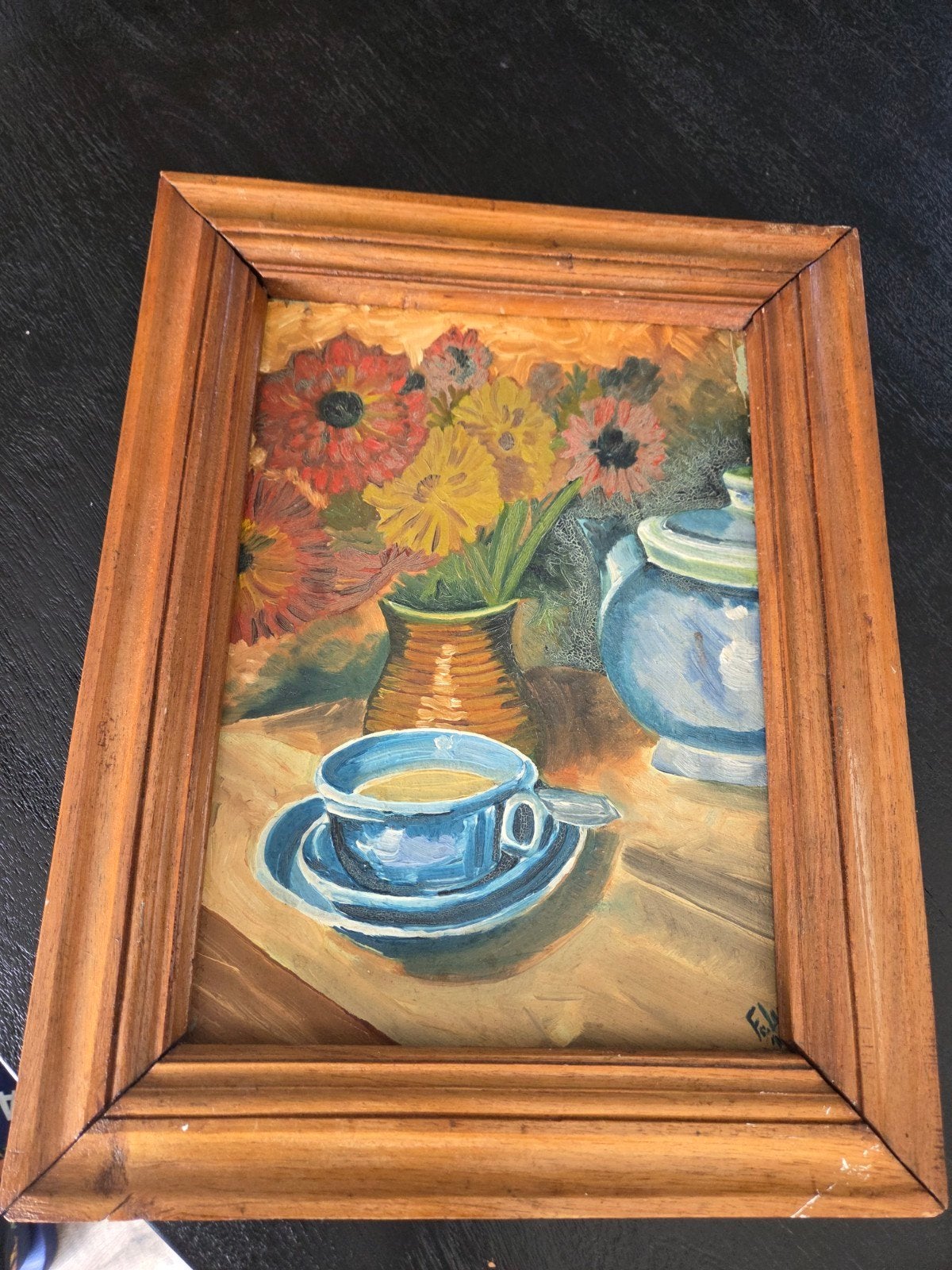 Schilderij stilleven met bloemen en theekopje, incl. lijst, Paneel, Realistisch, Gedateerd, Stilleven