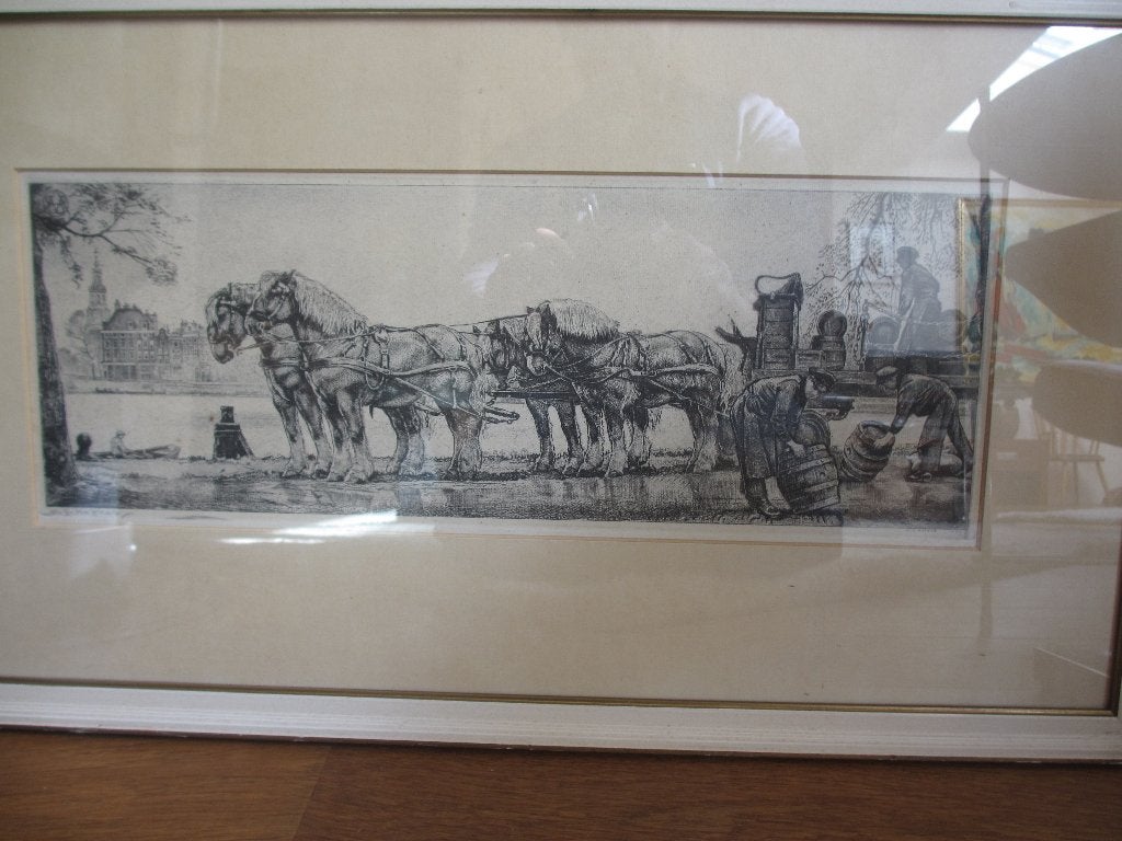 Willem Gerard Hofker ets Bierwagen langs de Amstel, Antiek en Kunst, Kunst | Etsen en Gravures, Origineel, Stadsgezicht, Ophalen of Verzenden