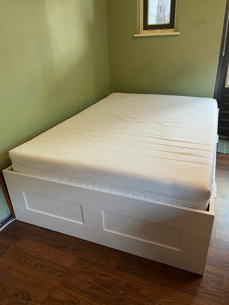 Ikea malm bed 140x200 met 4 lades + matras, Ophalen, Wit, Tweepersoons, 140 cm