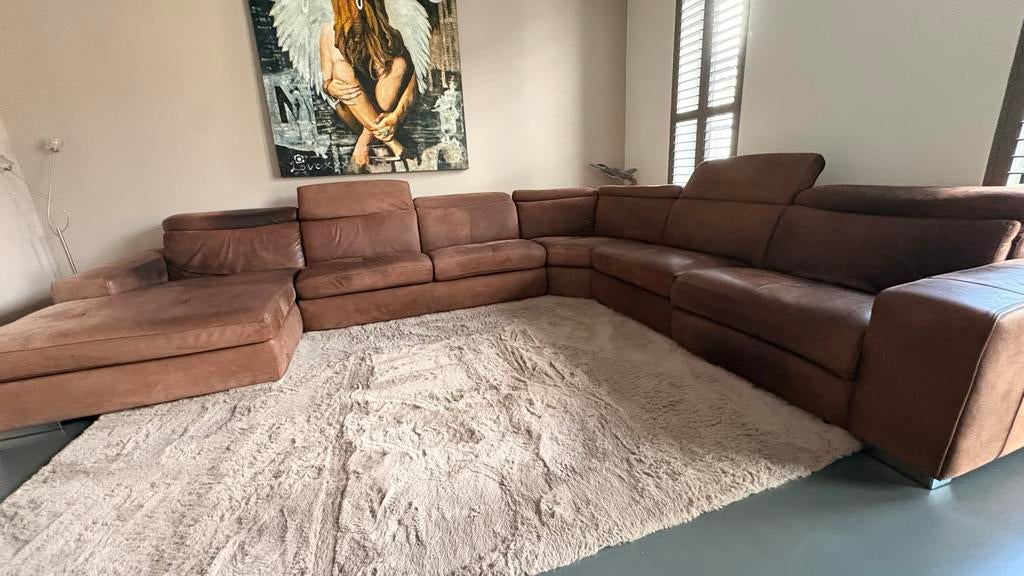Leren Hoekbank met Relaxfunctie - Bruin (Lederland), Huis en Inrichting, Banken | Complete zithoeken, Gebruikt, Ophalen