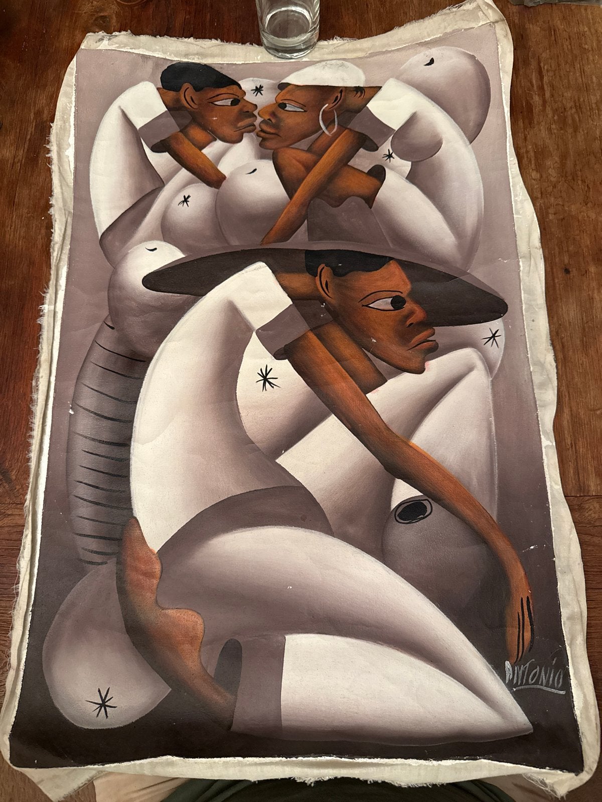 Modern schilderij Abstracte figuren verf op doek zonder, Figuren, Ophalen of Verzenden, Textiel, Gesigneerd