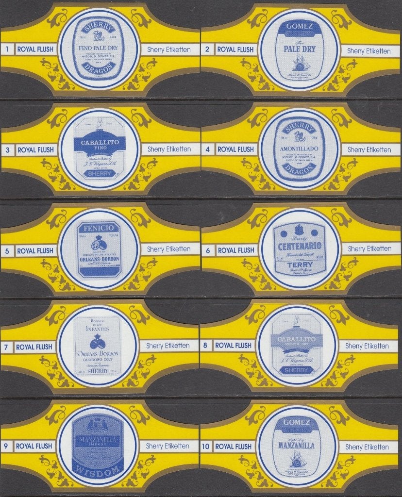 Sigarenbanden met Sherry Etiketten, Royal Flush 1-10 geel-g., Ophalen of Verzenden, Nieuw, Sigarenbandjes