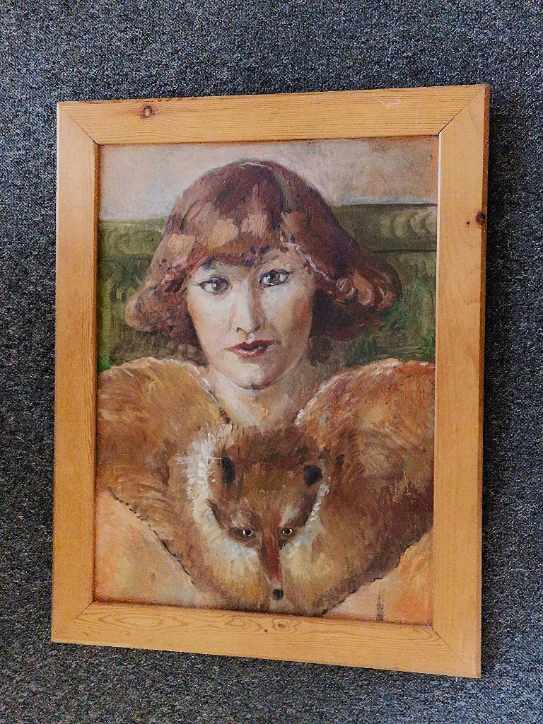 ongesigneerd olieverf op board portret vrouw met vossenbont, Antiek en Kunst, Kunst | Schilderijen | Klassiek, Ophalen of Verzenden