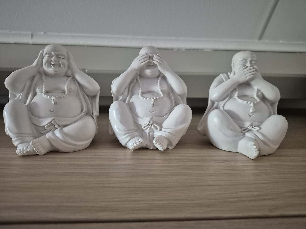 Boeddha beeldjes, horen-zien-zwijgen, 3 stuks wit, 10 cm, Ophalen of Verzenden, Composieten, Wit