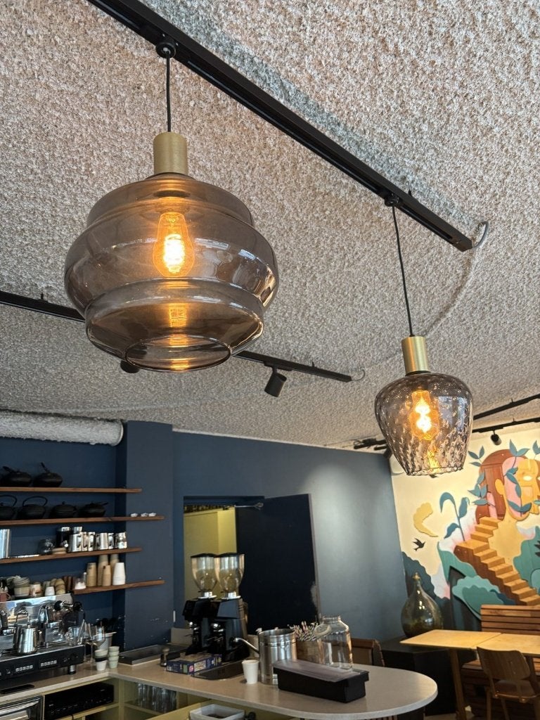 8 glazen hanglampen | gekleurd glas | ook voor railsysteem, Ophalen, Gebruikt, Glas