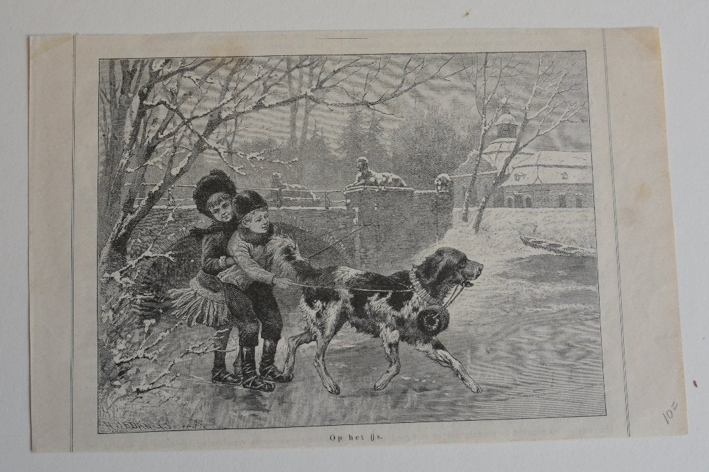 IJSPRET KINDEREN en HOND op IJS WINTER 1890 Houtgravure GS6, Dagelijks leven, 1800 - 1899, Verzenden, 17 cm