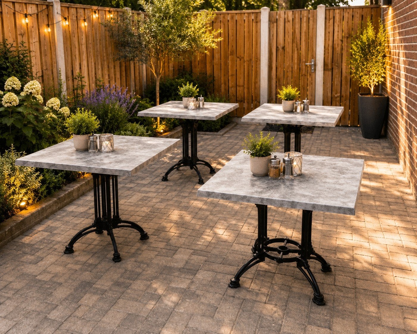 4 robuuste terras tafels / gietijzeren onderstellen per stuk, Ophalen, Gebruikt, Vierkant, Metaal