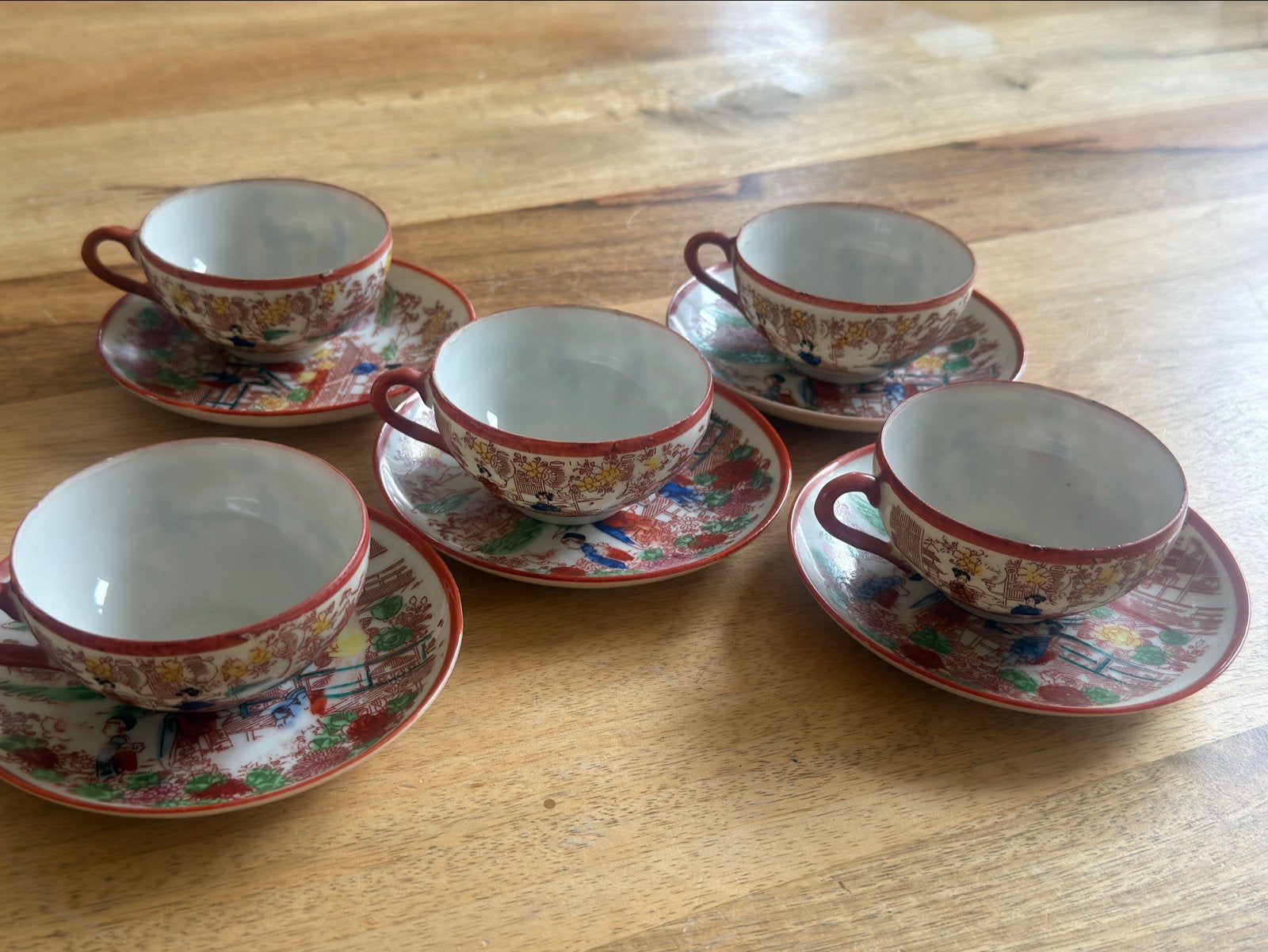 Set van 5 antieke Japanse theekopjes + schotel - Kutani, Ophalen of Verzenden