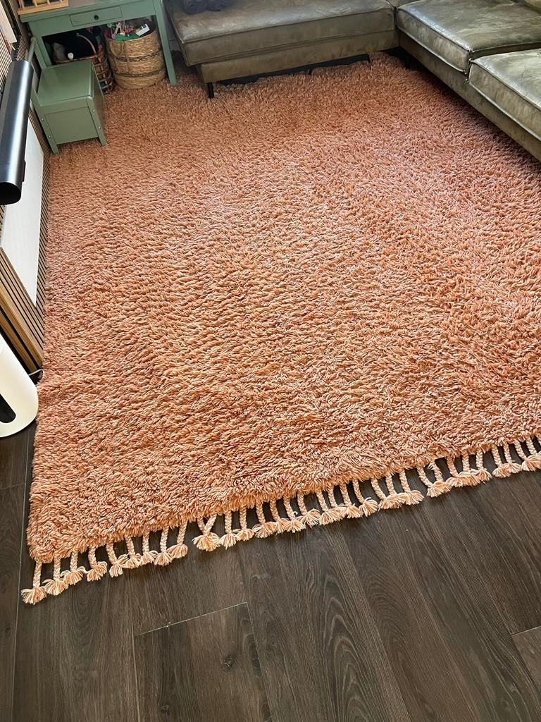Vloerkleed Terracotta hoogpolig wol 250x350, Ophalen, Overige kleuren, 200 cm of meer, Zo goed als nieuw