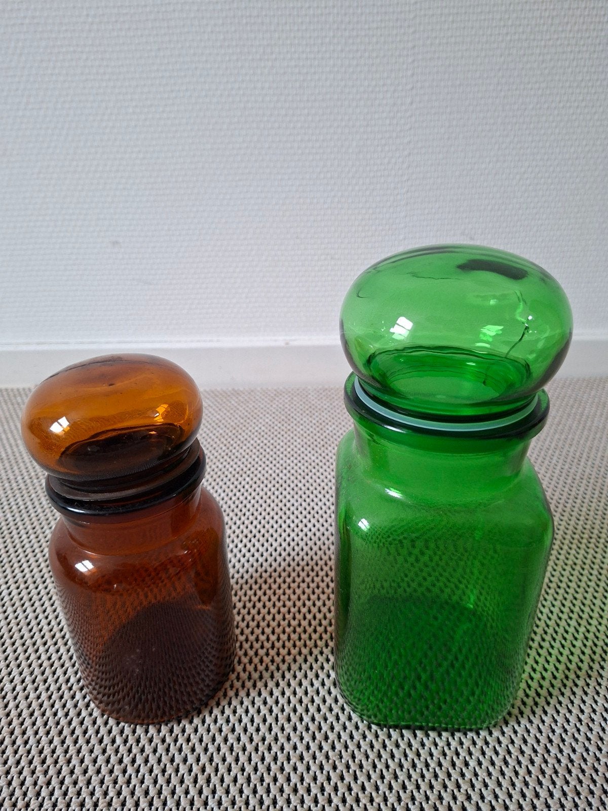 Vintage Glazen Potten - Heb nog meer. Amber en Groen, Antiek en Kunst, Ophalen of Verzenden