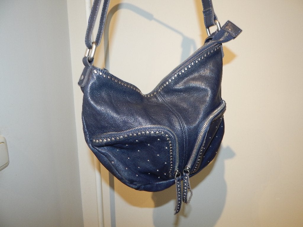 ABRO leren schoudertas zilveren studs merk hanger blauw, Ophalen of Verzenden, Zo goed als nieuw, Blauw, Schoudertasje