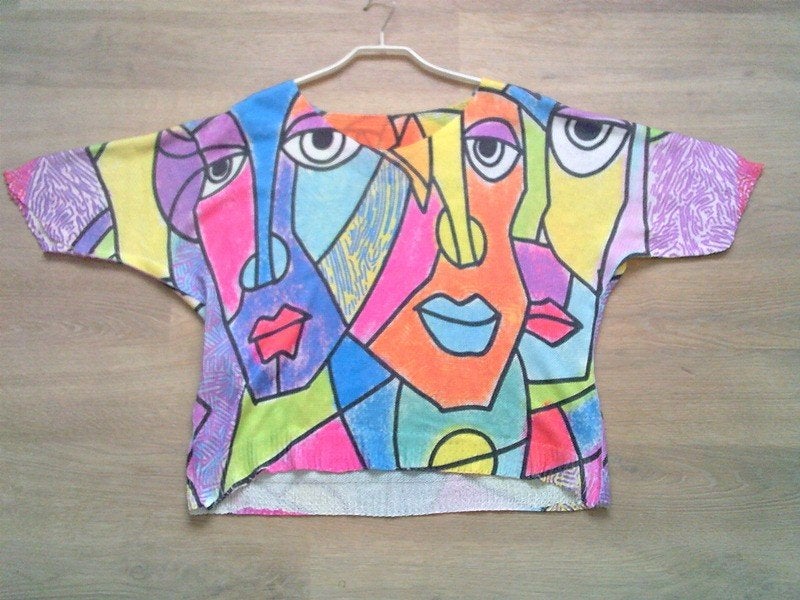 Abstracte kleurige top ogen gezicht maat M/L, Kleding | Dames, Maat 38/40 (M), Korte mouw, Gedragen, Meerkleurig