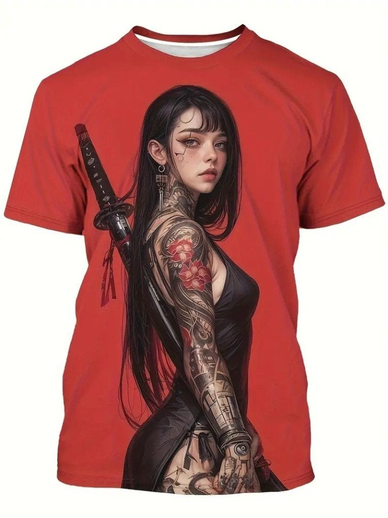 XL/XXL Samoerai Manga Girl T-shirt 3D Print, Heren Casual, Manga Shirts, Verzenden, Rood, Maat 56/58 (XL)