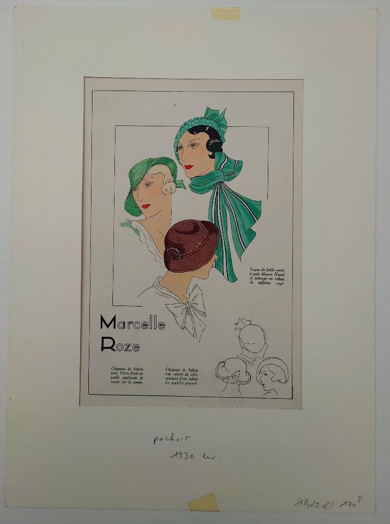 ~1930 Franse Art Deco mode pochoir, Marcelle Roze hoeden, Mode, Ophalen of Verzenden, Gravure, Handgekleurd