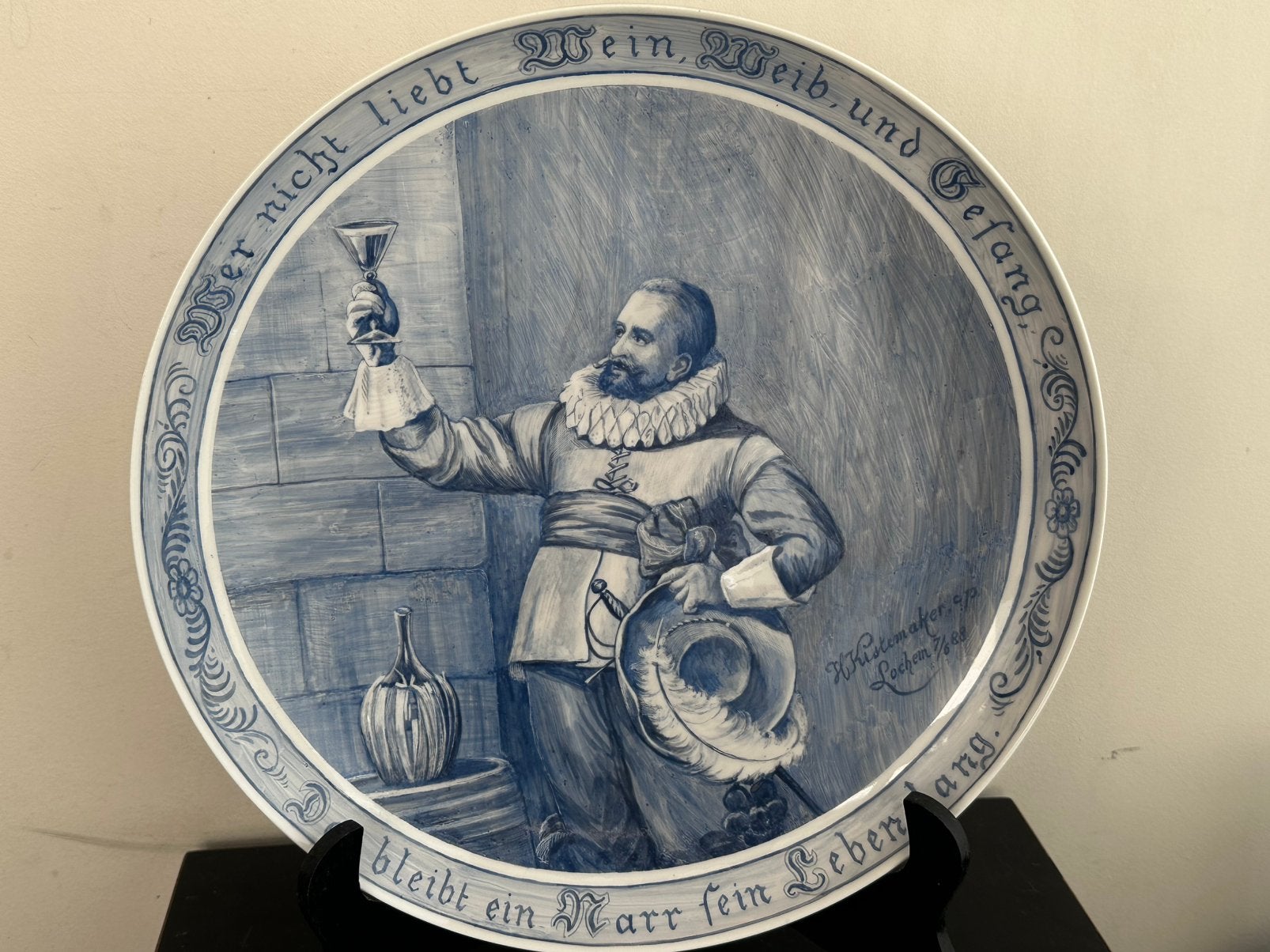Groot Duits bord Porceleyne fles De vrolijke Drinker 34 cm, Ophalen of Verzenden