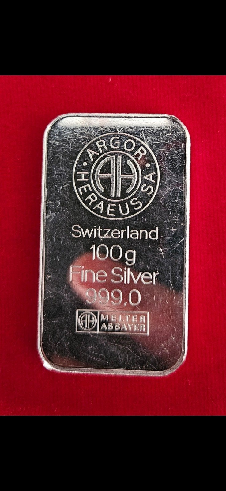 Heraeus Argor S.A. 100g Fijn Zilverbaar 999.0, Postzegels en Munten, Edelmetalen en Baren, Ophalen of Verzenden