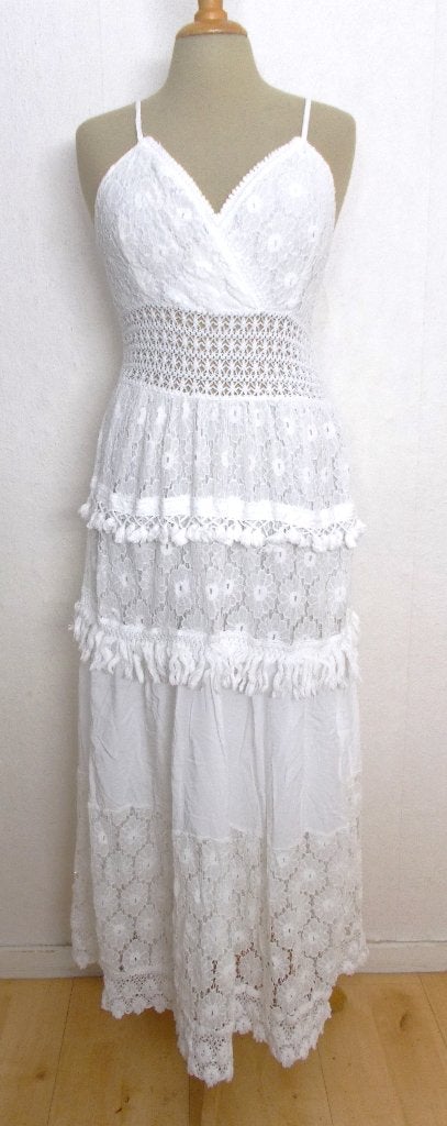 Ibiza romantische kant look witte maxi stroken jurk! M, Maat 38/40 (M), Verzenden, Wit, Zo goed als nieuw