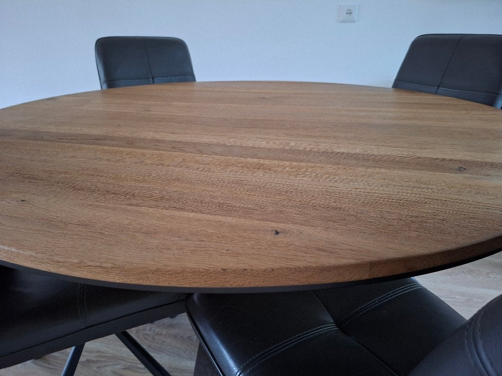 Eethoek rond eiken met 4 leren stoelen, Huis en Inrichting, Ophalen, Gebruikt, 4 tot 6 stoelen