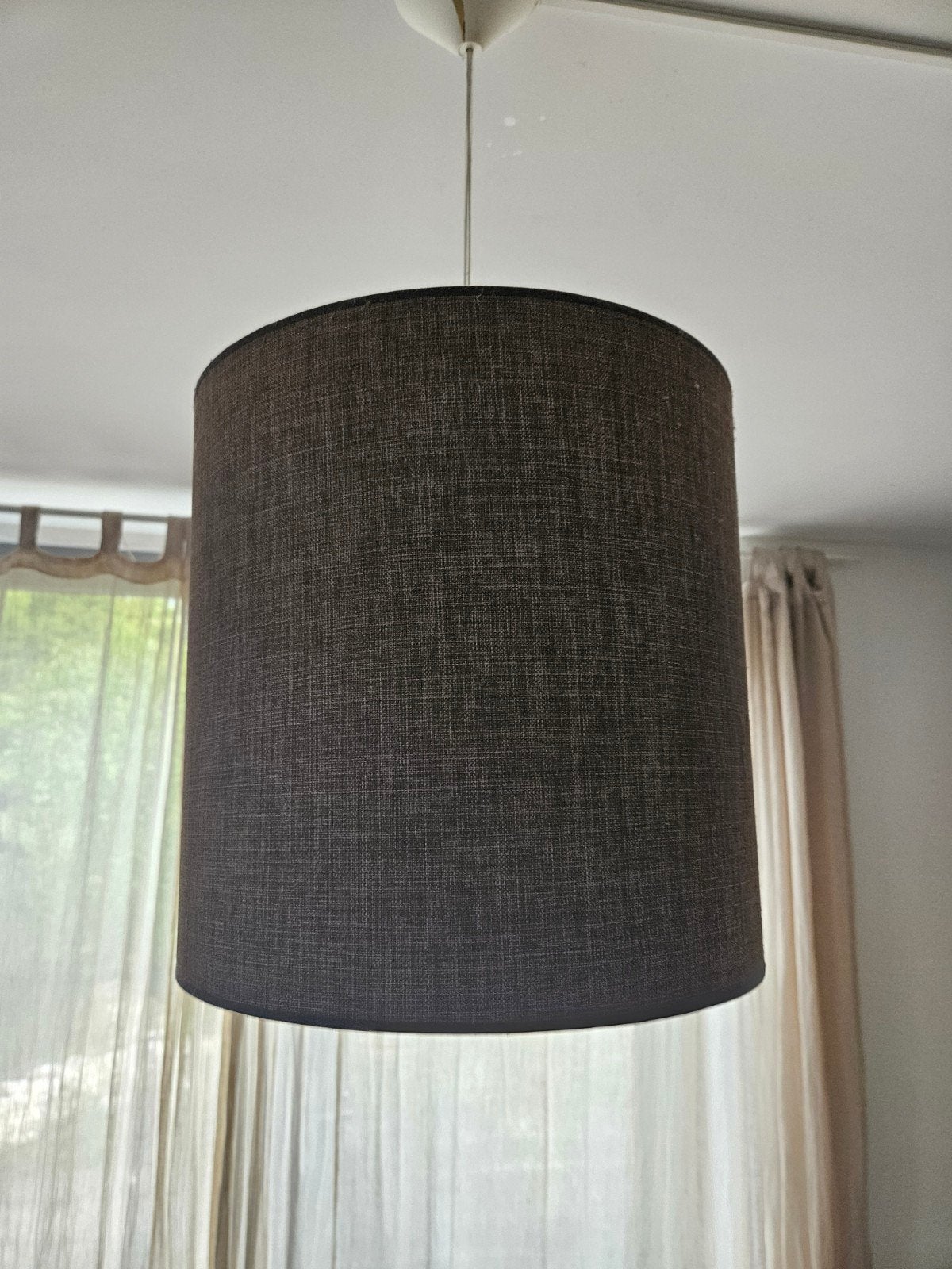 Moderne design hanglamp met stoffen kap en houtlook binnenka, Ophalen, Gebruikt, Modern, Industrieel, Scandinavisch, E27 (groot)