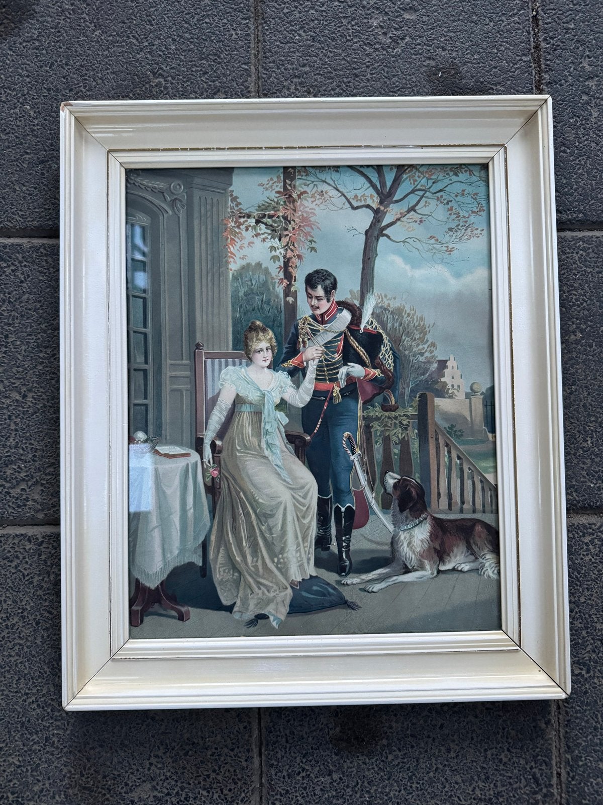 Klassiek schilderij: Elegant paar met hond, ingelijste prent, Portret of Personen, Ophalen of Verzenden, Klassiek, Print