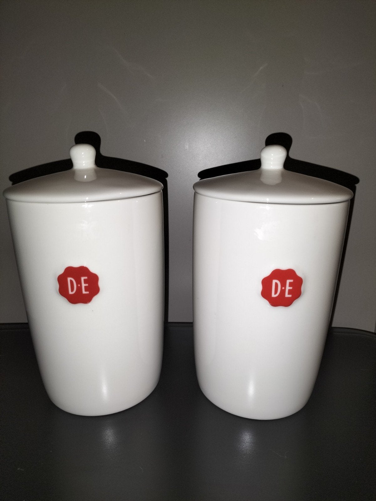 Douwe Egberts bewaarpotten - Set van 2 voorraadpotten, Ophalen, Zo goed als nieuw, Voorraadpot, Steen/keramiek