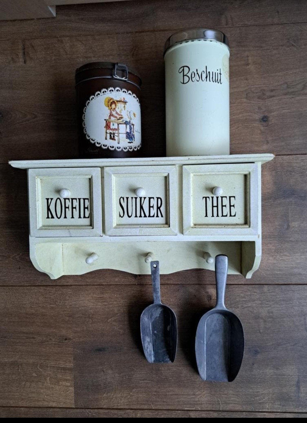 Nostalgisch houten keukenrek koffie thee suiker 40-21-14 cm, Overige typen, Ophalen of Verzenden, Gebruikt, Hout