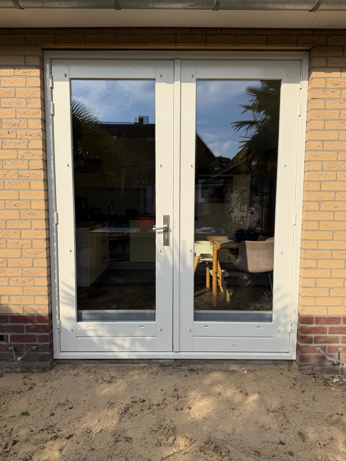 Dubbele tuindeuren met glas incl hordeuren, plisségordijnen, Ophalen, Gebruikt, 120 cm of meer, Buitendeur