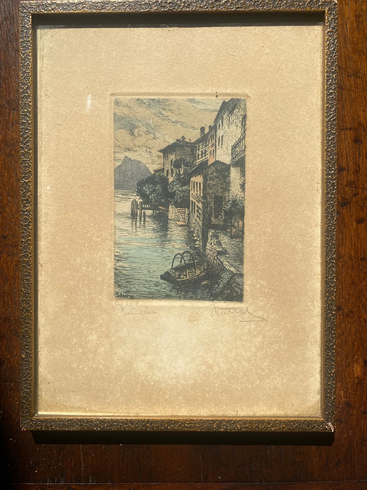 Handgekleurde ets van kunstenaar Sturm dorp Gandria, Antiek en Kunst, Ophalen of Verzenden