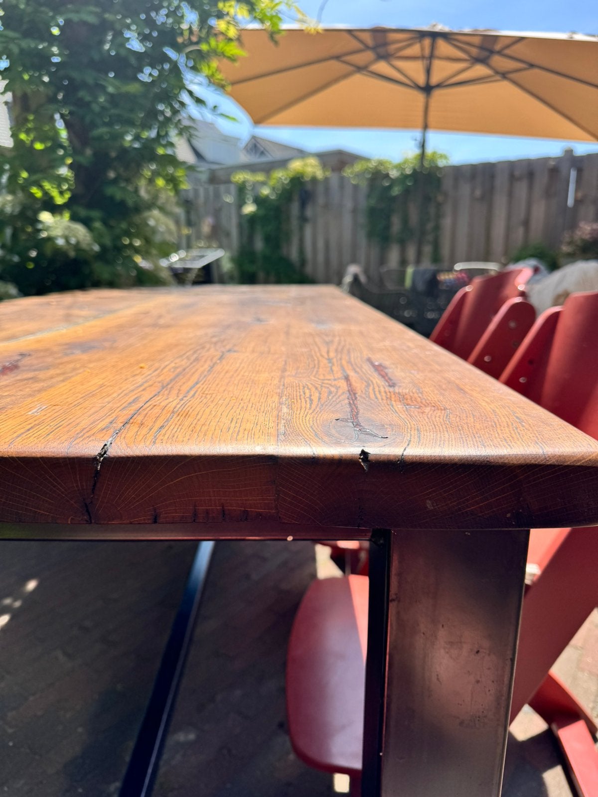 Eiken eettafel wagonplanken, Huis en Inrichting, Tafels | Eettafels, Ophalen, 200 cm of meer, 50 tot 100 cm, Zo goed als nieuw