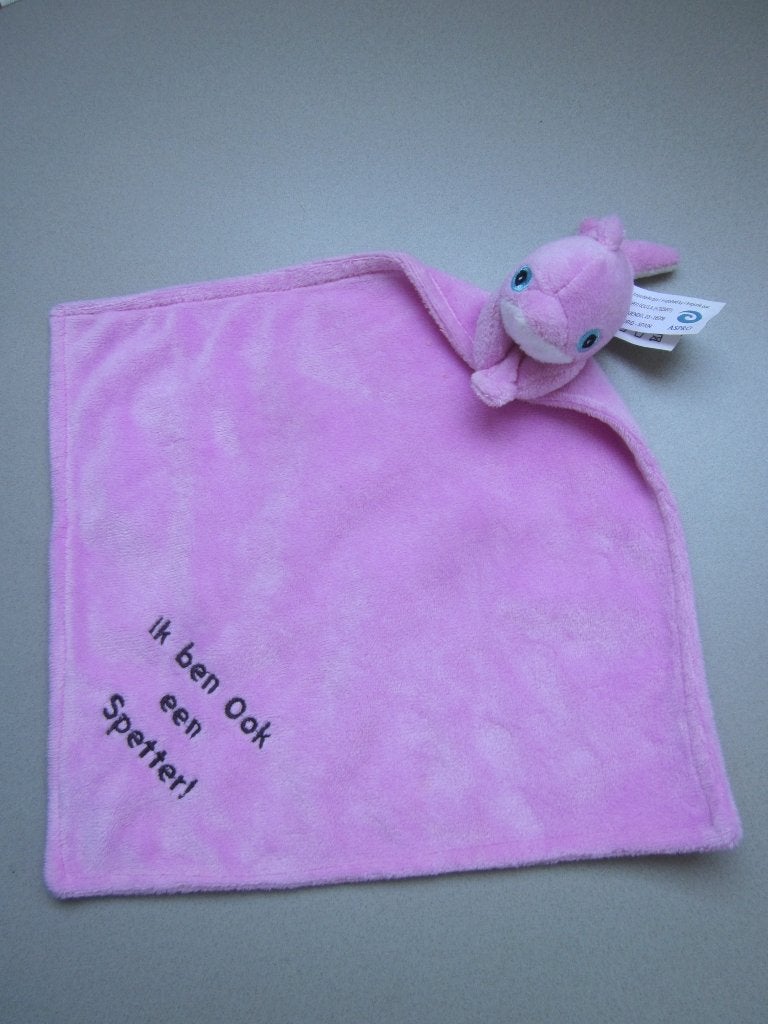 Aspro roze knuffeldoek dolfijn:  Ik ben ook een Spetter!, Overige merken, Overige karakters, Nieuw, Ophalen of Verzenden