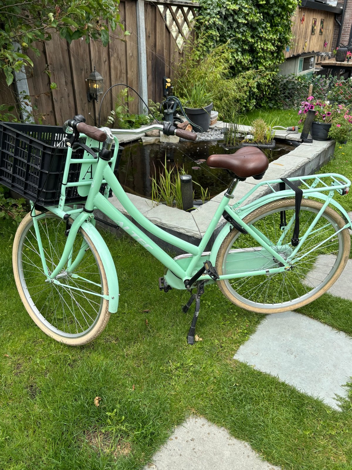 Mintgroene damesfiets met voordrager en mand., Terugtraprem, 50 tot 53 cm, Ophalen, Overige merken