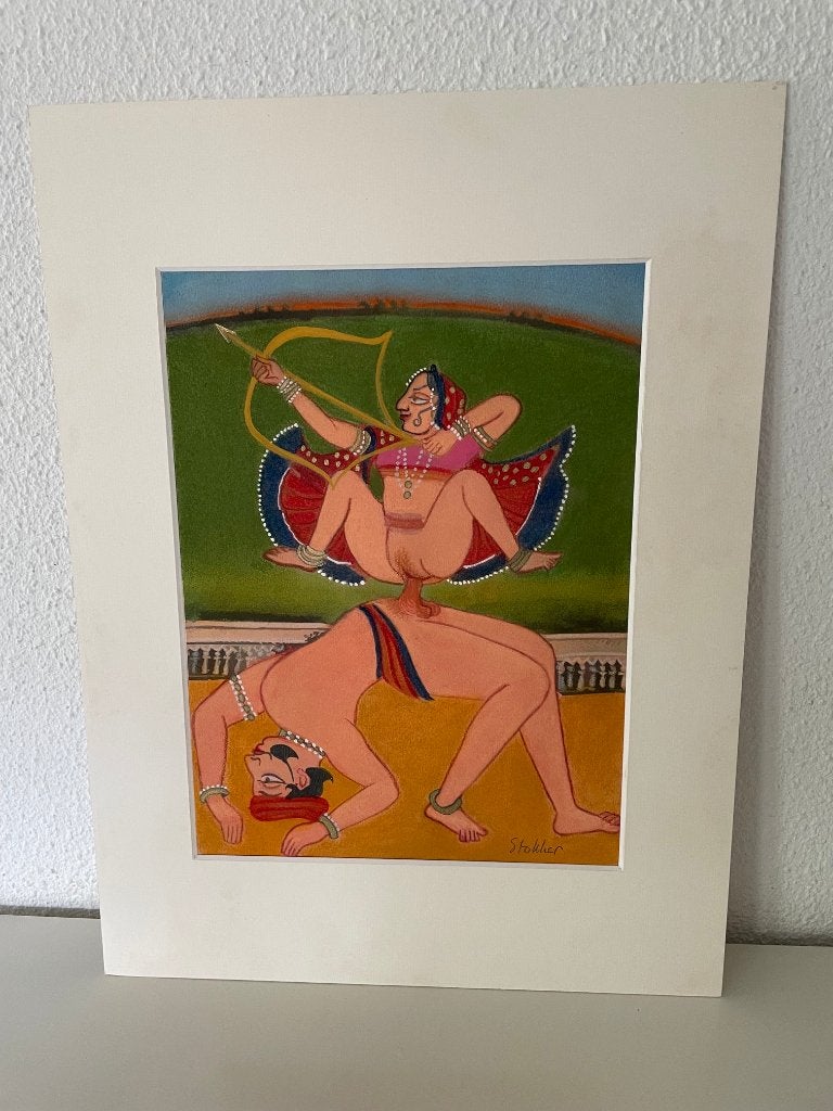Kama Sutra Gouache Schilderij - Indiase Erotische Kunst, Figuren, Papier/karton, Ophalen of Verzenden, Passe-partout