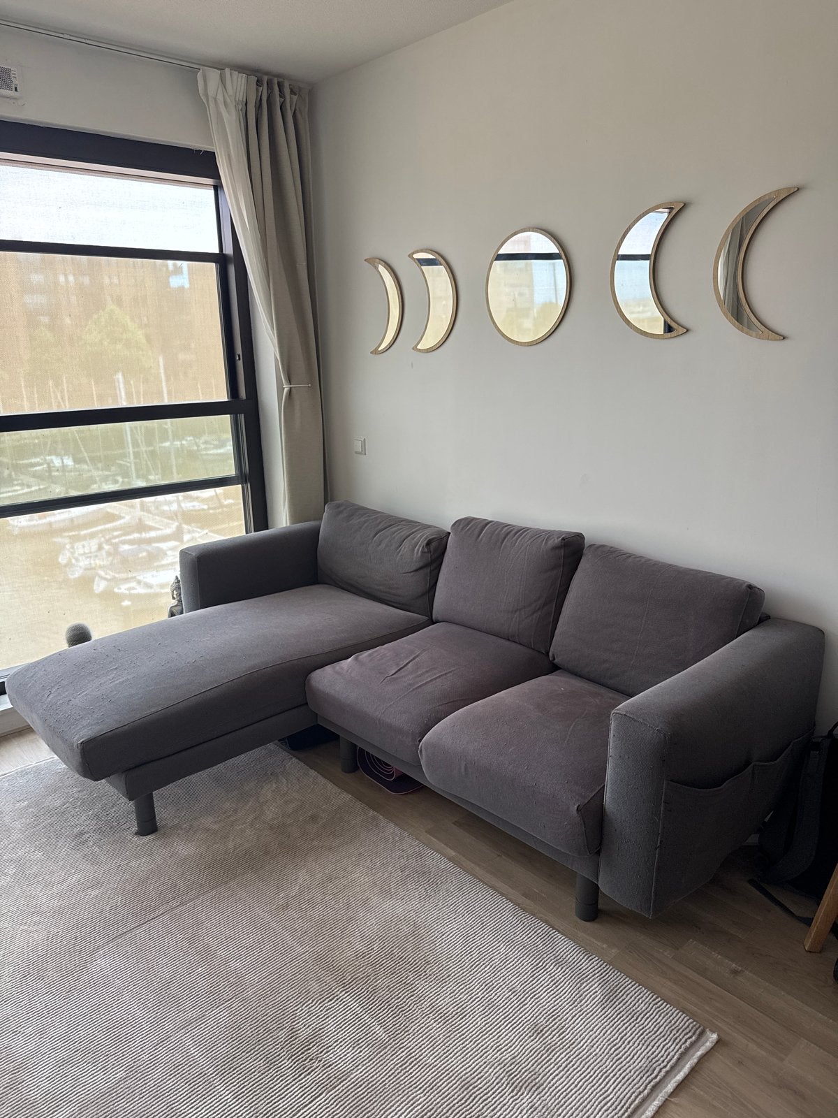 Grijze hoekbank met chaise longue, Ophalen, Gebruikt, 125 tot 150 cm, Hoekbank