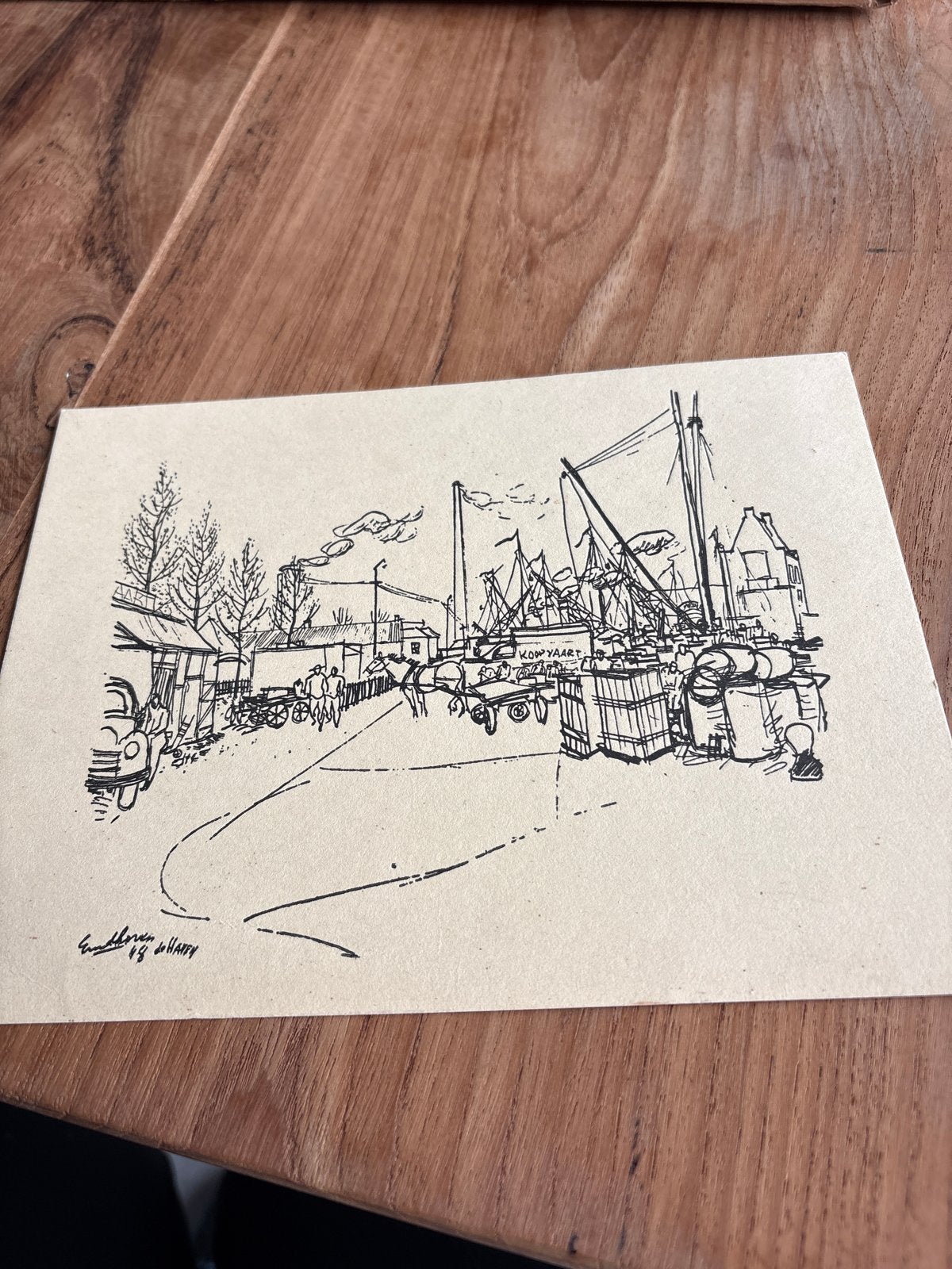 Vintage pentekening 'De Haven' gesigneerd Eindhoven, Ophalen of Verzenden, Tekening, Pentekening, Gesigneerd