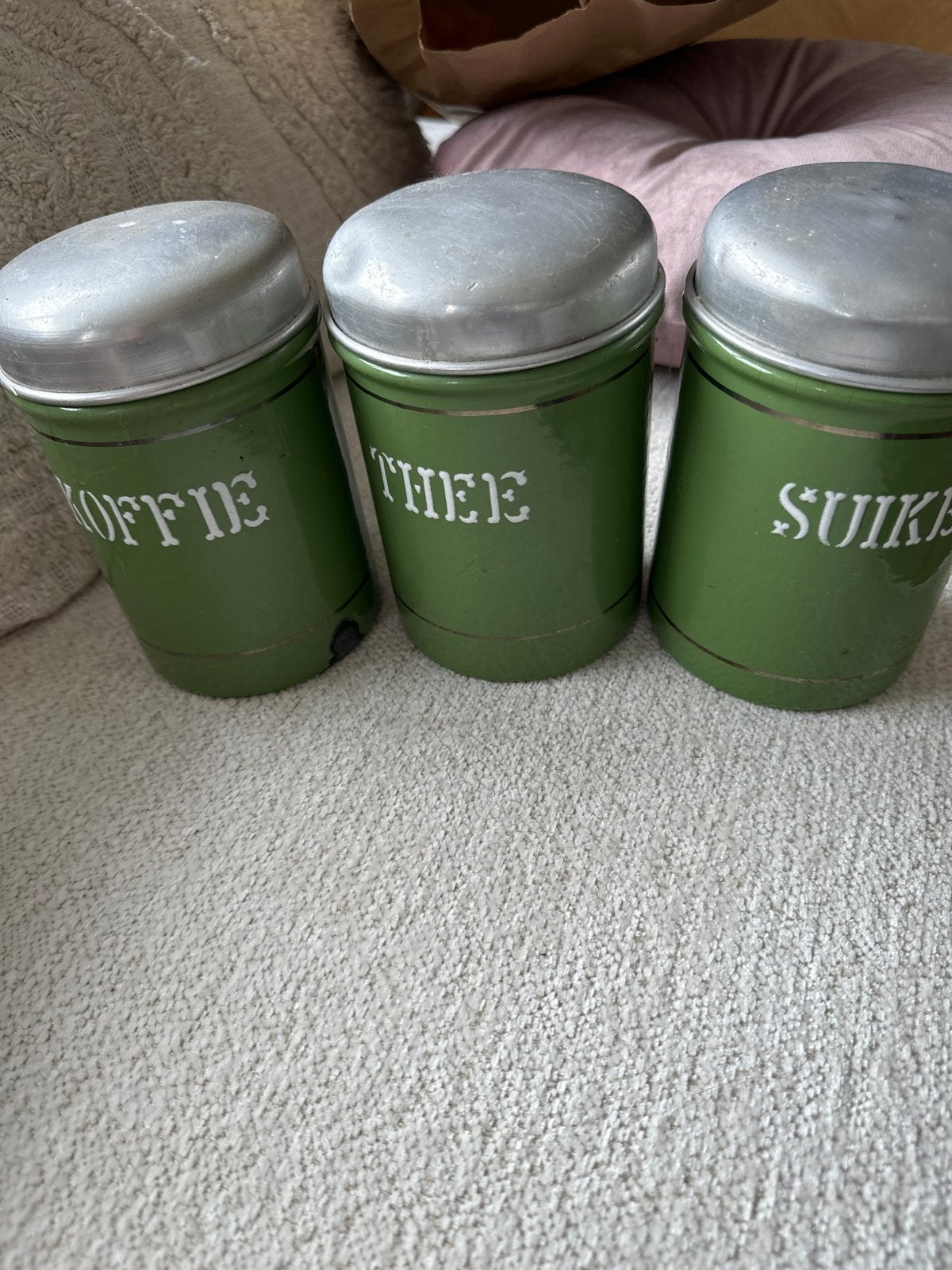 Vintage voorraadblikken set: Koffie, Thee, Suiker, Antiek en Kunst, Ophalen of Verzenden