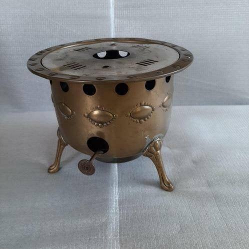 Antiek, koperen theelicht met brander op 3 pootjes, Ophalen